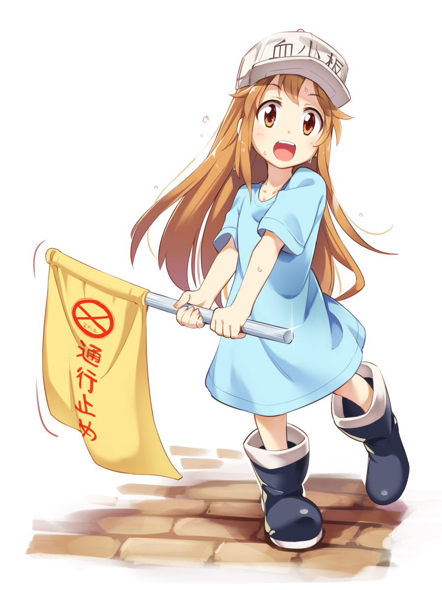 :d asutora blue_shirt boots brown_eyes brown_hair commentary_request eyebrows_visible_through_hair flag flat_cap full_body hat hataraku_saibou highres holding long_hair looking_at_viewer open_mouth platelet_(hataraku_saibou) shirt simple_background smile solo sweat very_long_hair white_background white_hat