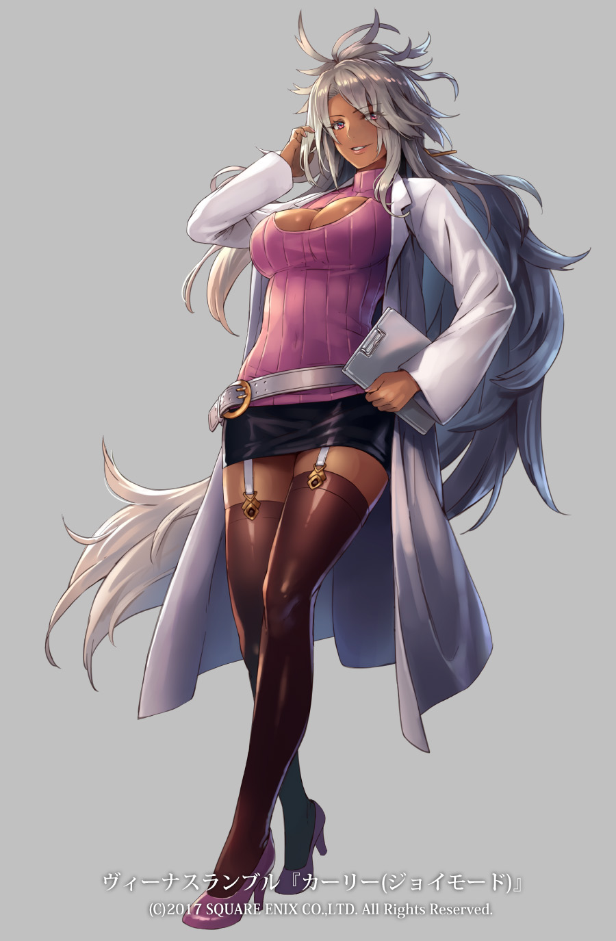 2017 bangs belt black_skirt breasts brown_legwear cleavage cleavage_cutout clipboard commentary_request copyright_name covered_navel cuboon dark_skin eyebrows_visible_through_hair full_body garter_belt garter_straps grey_background hair_over_one_eye highres holding labcoat large_breasts long_hair long_sleeves looking_at_viewer miniskirt official_art parted_lips pink_eyes pink_footwear shiny shiny_clothes shiny_skin silver_hair simple_background skirt smile solo standing thighhighs thighs turtleneck venus_rumble very_long_hair zettai_ryouiki