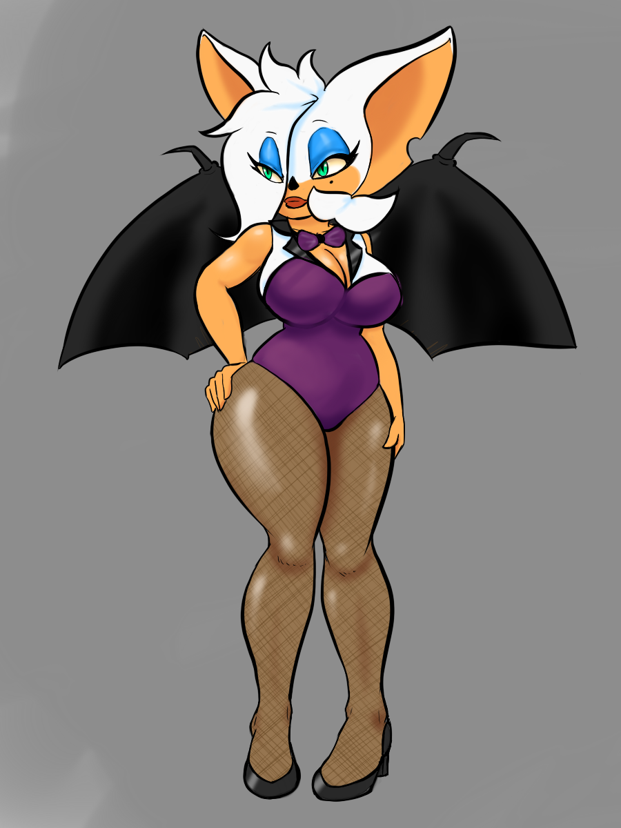 big_breasts blackbetty breasts clothed clothing eyeshadow female makeup mammal necktie penty_hose rouge_the_bat simple_background smile solo sonic_(series) wings