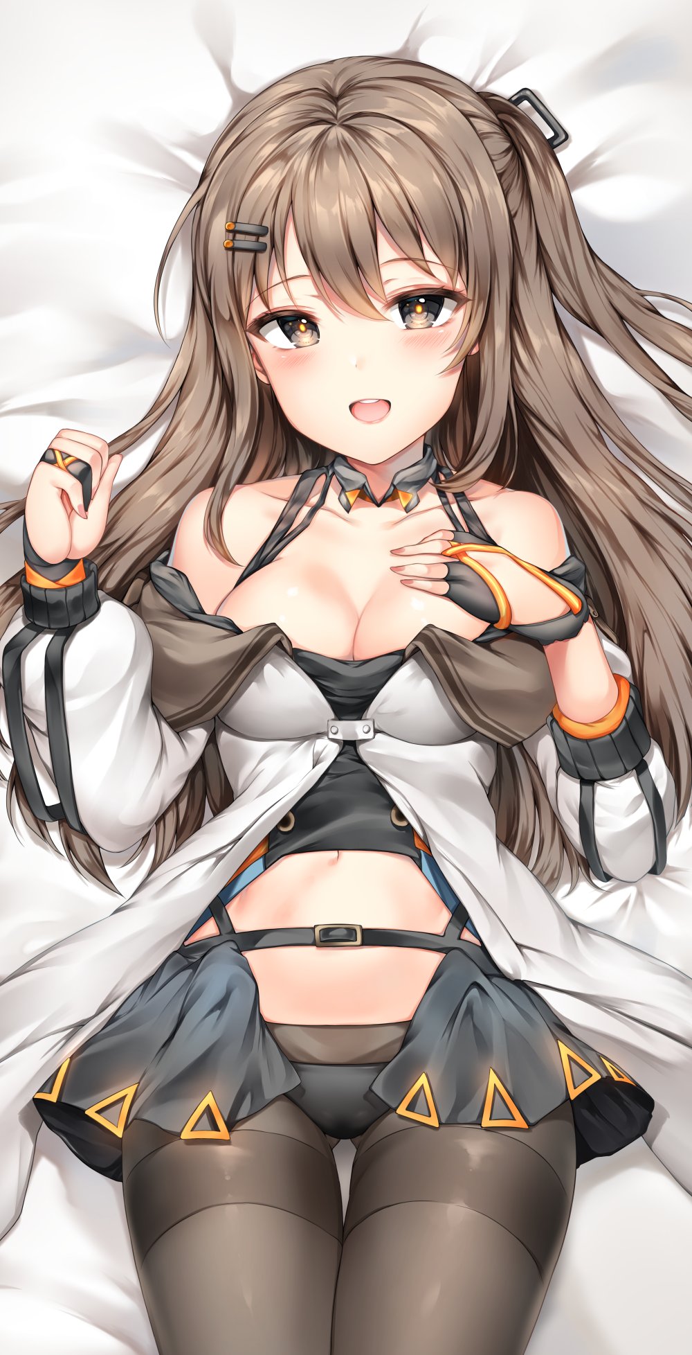 bangs bare_shoulders bed_sheet black_panties black_skirt blush breasts brown_eyes brown_hair brown_legwear cleavage clenched_hand collarbone cowboy_shot dakimakura eyebrows_visible_through_hair fingerless_gloves girls_frontline gloves hair_ornament hairclip hand_on_own_chest hand_up highres jacket k-2_(girls_frontline) long_hair looking_at_viewer lying medium_breasts miniskirt navel off_shoulder on_back open_clothes open_jacket open_mouth open_skirt painteen panties pantyhose partly_fingerless_gloves sidelocks simple_background skirt smile solo stomach strap tareme thighband_pantyhose underwear upper_teeth