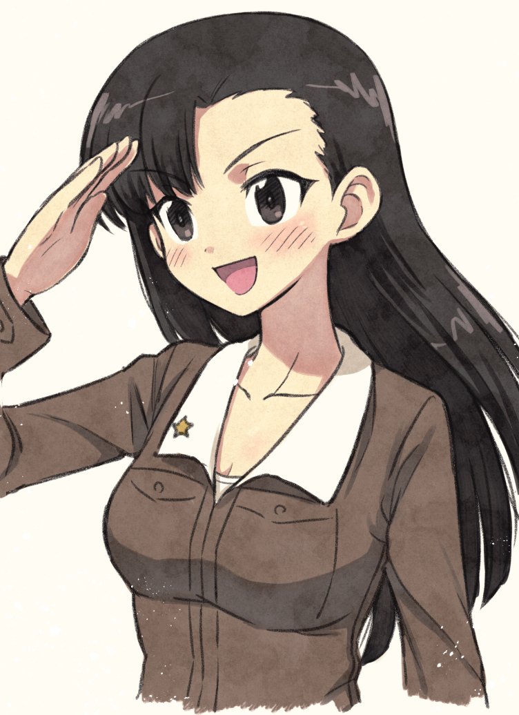 :d asymmetrical_bangs bangs brown_eyes brown_hair brown_jacket commentary cropped_torso eyebrows_visible_through_hair girls_und_panzer jacket long_hair long_sleeves looking_to_the_side meis_(terameisu) military military_uniform nishi_kinuyo open_mouth salute shirt simple_background smile solo standing uniform upper_body v-shaped_eyebrows white_background white_shirt