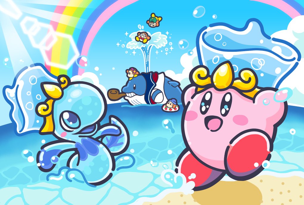 beanie blush_stickers cloud commentary_request copy_ability day driblee fatty_whale hat headphones innertube kirby kirby:_star_allies kirby_(series) lens_flare ocean official_art rainbow smile swimming waddle_dee