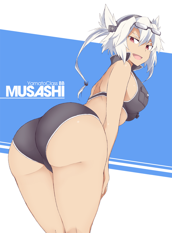 ass bikini black_bikini blue_background breast_pocket breasts character_name english eyewear_on_head hair_between_eyes hair_flaps headgear kantai_collection large_breasts leaning_forward long_hair looking_at_viewer looking_back musashi_(kantai_collection) open_mouth pocket red_eyes smile solo souji sunglasses swimsuit tan twintails two-tone_background white_background white_hair