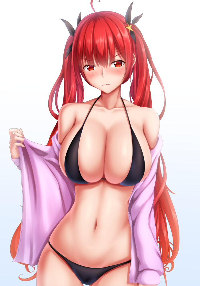 ahoge alternate_costume azur_lane bangs bikini black_bikini black_ribbon blush breasts cleavage closed_mouth collarbone commentary_request eyebrows_visible_through_hair frown gradient gradient_background groin hair_ribbon honolulu_(azur_lane) large_breasts long_hair looking_at_viewer navel off_shoulder red_eyes red_hair ribbon simple_background skindentation solo stomach swimsuit tapisuke thighs twintails undressing