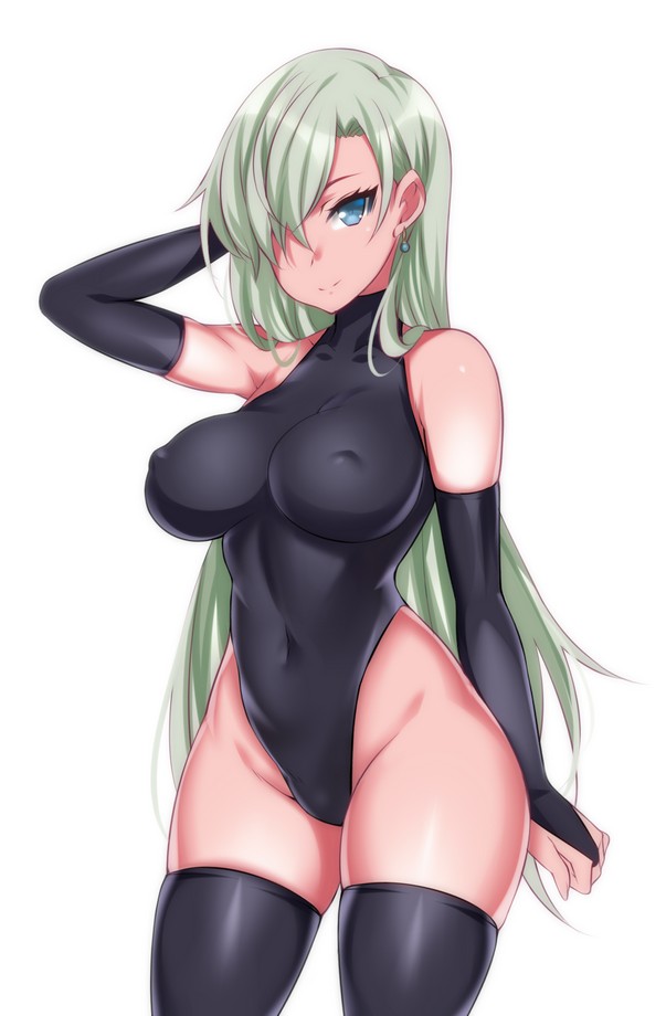arm_up bare_shoulders black_legwear blue_eyes blush breasts bridal_gauntlets covered_navel covered_nipples elizabeth_liones hair_over_one_eye hevn jewelry large_breasts leotard long_hair looking_at_viewer nanatsu_no_taizai silver_hair simple_background single_earring solo thick_thighs thighhighs thighs white_background wide_hips