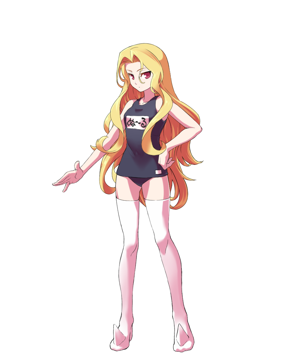 1girl blonde_hair boots capcom_fighting_jam genderswap genderswap_(mtf) iwa-saka long_hair m.u.g.e.n nametag nool personification simple_background solo swimsuit thigh_boots thighhighs vampire_(game) very_long_hair warzard white_boots