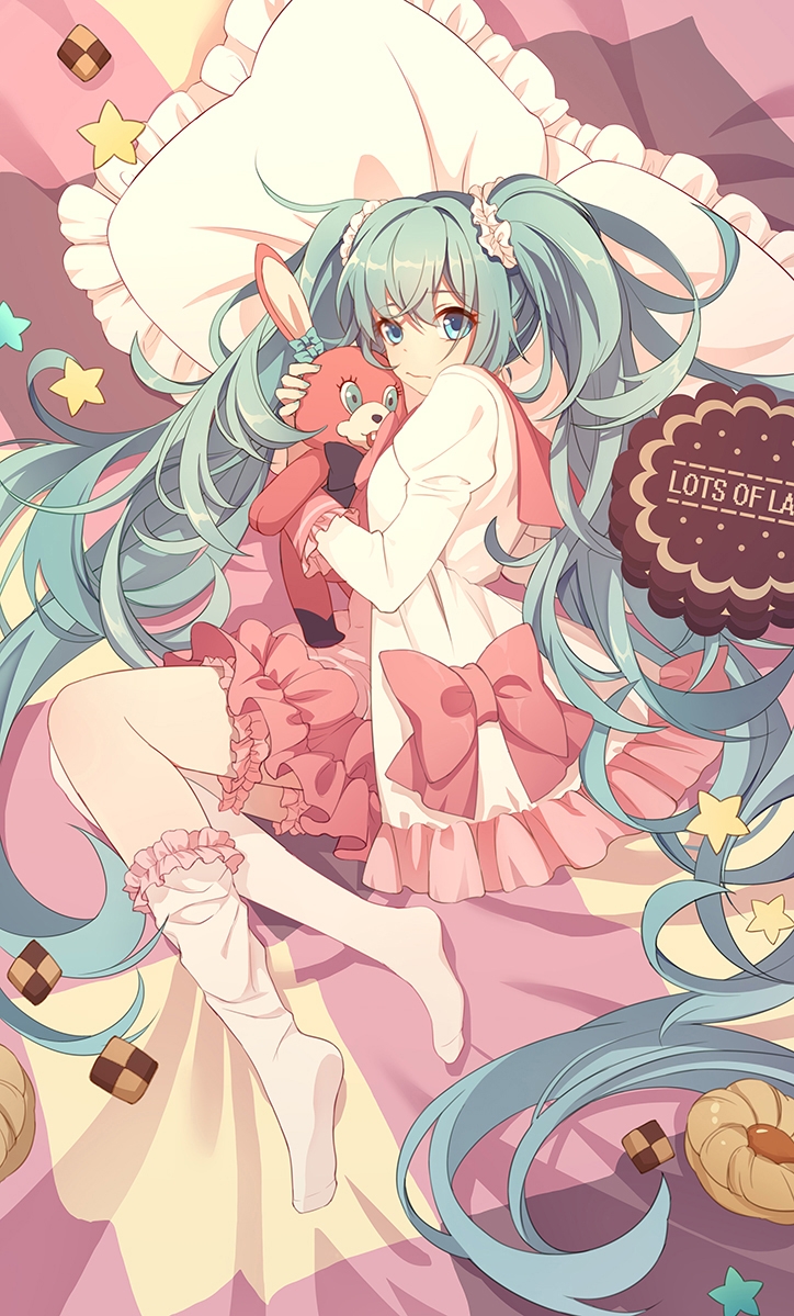 absurdly_long_hair alternate_costume aqua_eyes aqua_hair bangs bed_sheet biscuit blouse bow bunny checkerboard_cookie closed_mouth cookie dress eyebrows_visible_through_hair food frilled_legwear frilled_skirt frills full_body hair_ornament hair_scrunchie hatsune_miku head_on_pillow holding holding_stuffed_animal kaanaa kneehighs long_hair long_sleeves looking_at_viewer loose_socks lots_of_laugh_(vocaloid) lying messy_hair on_bed on_side pillow pink_bow pink_neckwear pink_skirt puffy_sleeves sailor_collar school_uniform scrunchie serafuku shirt single_sock skirt socks star stuffed_animal stuffed_bunny stuffed_toy sweets thigh_strap twintails very_long_hair vocaloid wavy_hair white_dress white_scrunchie