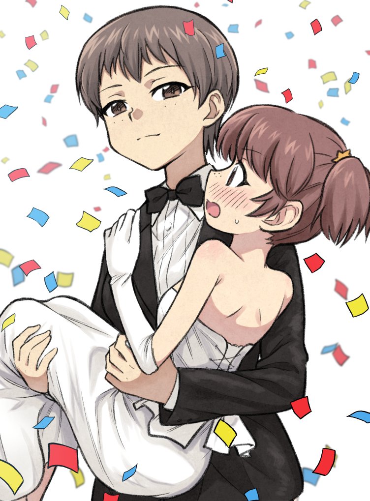 alisa_(girls_und_panzer) bangs black_jacket black_neckwear blurry blurry_background blush bow bowtie brown_eyes brown_hair carrying closed_mouth commentary confetti depth_of_field dress dress_shirt elbow_gloves eyebrows_visible_through_hair freckles girls_und_panzer gloves jacket long_dress long_sleeves looking_at_another looking_at_viewer meis_(terameisu) multiple_girls naomi_(girls_und_panzer) open_mouth princess_carry shirt short_hair short_twintails smile standing strapless strapless_dress tuxedo twintails very_short_hair wedding wedding_dress white_dress white_gloves white_shirt wife_and_wife wing_collar yuri