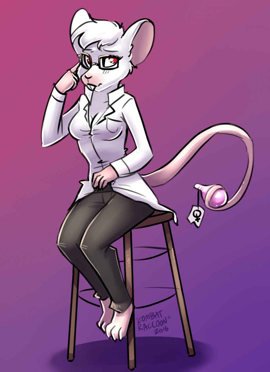 albino anthro barefoot breasts buckteeth claws cleavage clothed clothing combatraccoon eyewear female flask fur glasses hair lab_coat looking_at_viewer mammal mouse pants prehensile_tail red_eyes rodent sitting solo stool teeth white_fur white_hair ♀