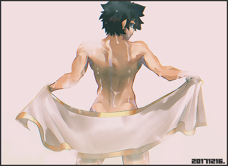 black_border black_hair blue_eyes border closed_mouth cowboy_shot dated fate/grand_order fate_(series) from_behind fujimaru_ritsuka_(male) gen_yoro grey_background looking_back male_focus nude open_towel simple_background solo standing towel wet white_towel
