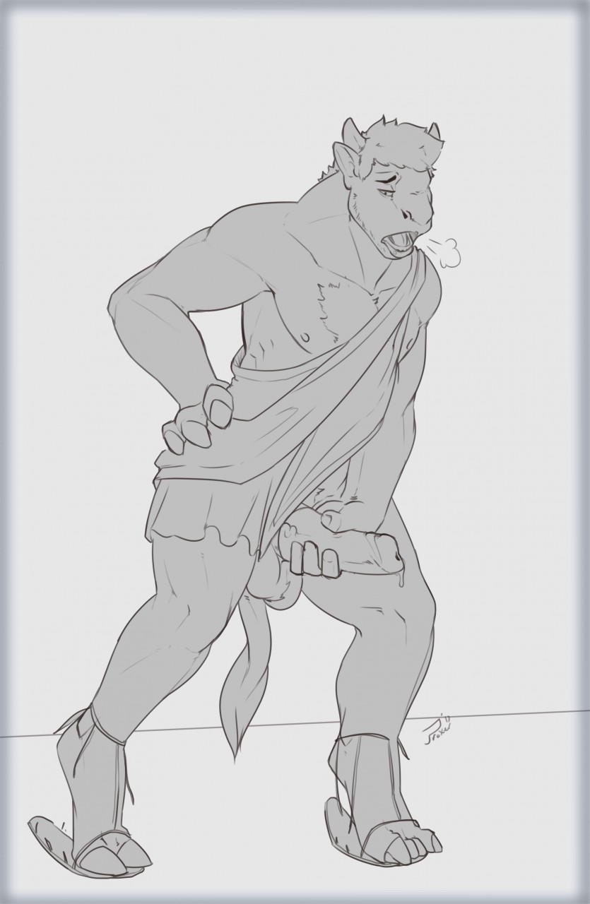 balls bovine clothing footwear greyscale holding_penis hooves horn human human_to_anthro male mammal monochrome penis precum proxer sandals simple_background solo standing toga transformation
