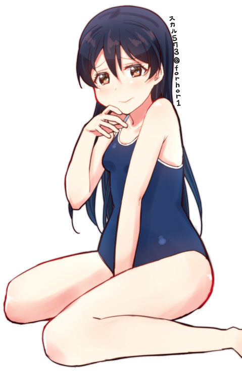 bangs blue_hair blue_swimsuit blush commentary_request competition_school_swimsuit hair_between_eyes long_hair looking_at_viewer love_live! love_live!_school_idol_project one-piece_swimsuit school_swimsuit simple_background sitting skull573 solo sonoda_umi swimsuit wariza yellow_eyes