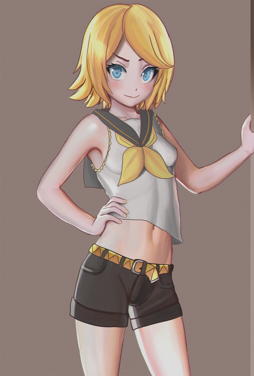 1girl armad belt black_sailor_collar black_shorts blonde_hair blue_eyes blush breasts brown_background collarbone cowboy_shot female hand_on_hip hand_up highres kagamine_rin looking_at_viewer midriff navel neckerchief sailor_collar shiny shiny_skin shirt short_hair short_shorts shorts simple_background sleeveless sleeveless_shirt small_breasts smile solo standing vocaloid white_shirt yellow_neckwear