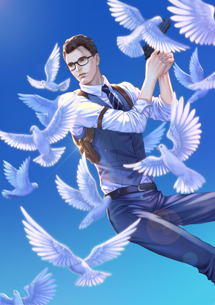 android animal belt bird black-framed_eyewear blue_background blue_sky blue_vest brown_eyes brown_hair connor_(detroit) day detroit:_become_human dove feet_out_of_frame flock glasses gradient gradient_background gun handgun hands_up hei_yu holding holding_gun holding_weapon holster lens_flare necktie outdoors pistol sky too_many too_many_birds vest weapon