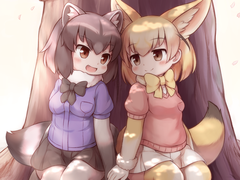 :d animal_ear_fluff animal_ears black_gloves black_hair black_neckwear black_skirt blonde_hair blush bow bowtie breast_pocket brown_eyes buttons cherry_blossoms commentary_request common_raccoon_(kemono_friends) extra_ears eye_contact eyebrows_visible_through_hair fang fennec_(kemono_friends) fox_ears fox_tail fur_collar fur_trim gloves grey_hair hands_together kemono_friends looking_at_another matsuu_(akiomoi) miniskirt multicolored multicolored_clothes multicolored_hair multicolored_legwear multiple_girls open_mouth petals pink_sweater pleated_skirt pocket raccoon_ears raccoon_tail short_sleeves sitting skirt smile sweater tail thighhighs tree white_gloves white_legwear white_skirt yellow_legwear yellow_neckwear
