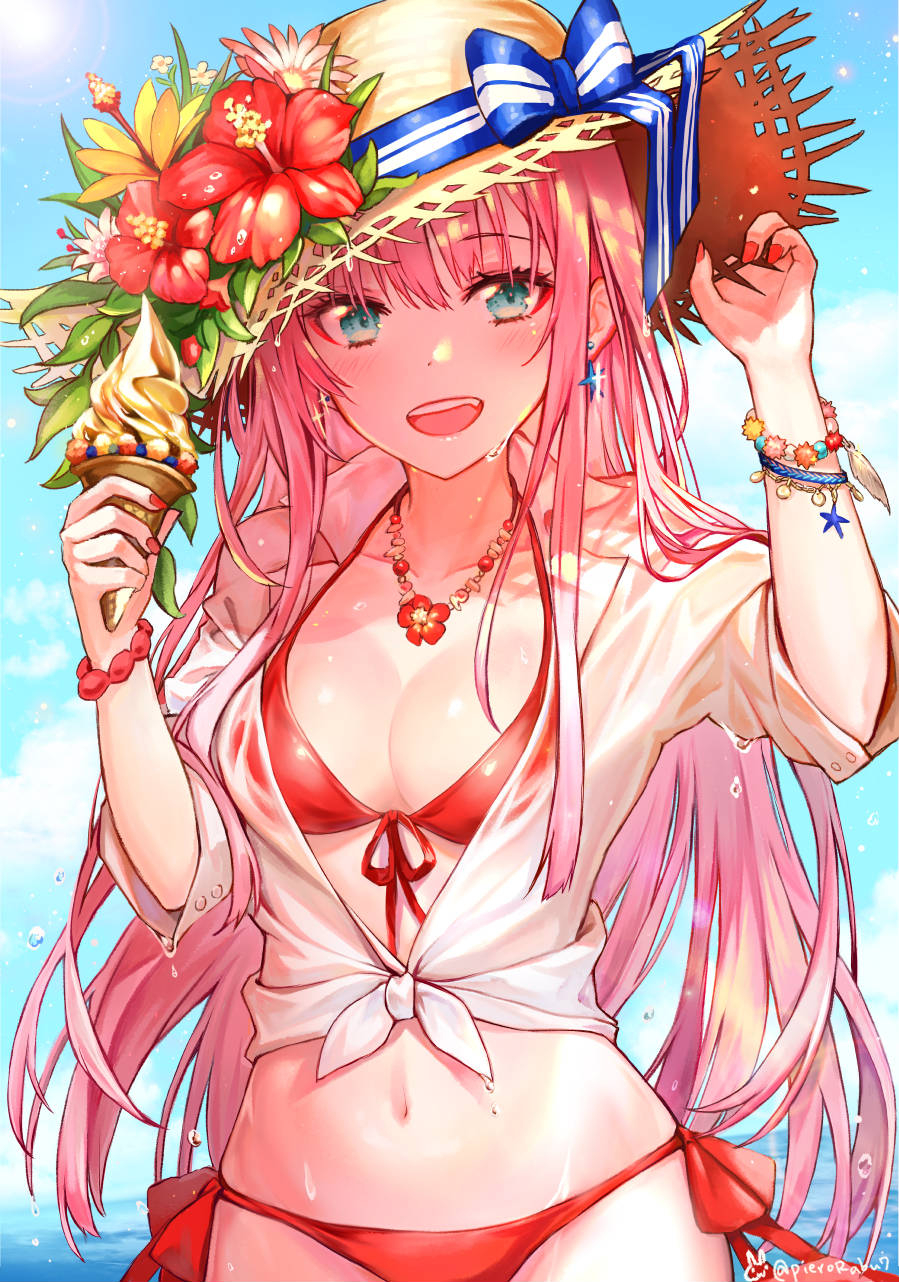 :d arm_up bangs bikini bikini_under_clothes blue_bow blue_eyes blue_sky blush bow bracelet breasts cloud commentary darling_in_the_franxx day eyebrows_visible_through_hair fingernails flower food front-tie_bikini front-tie_top hair_between_eyes hand_on_headwear hat hat_bow hat_flower highres holding holding_food horizon ice_cream ice_cream_cone jewelry long_hair nail_polish ocean open_mouth orange_flower outdoors pierorabu pink_hair red_bikini red_flower red_nails see-through shirt short_sleeves side-tie_bikini sky small_breasts smile soft_serve solo straw_hat striped striped_bow swimsuit tied_shirt twitter_username upper_teeth very_long_hair water wet wet_clothes wet_shirt white_shirt zero_two_(darling_in_the_franxx)