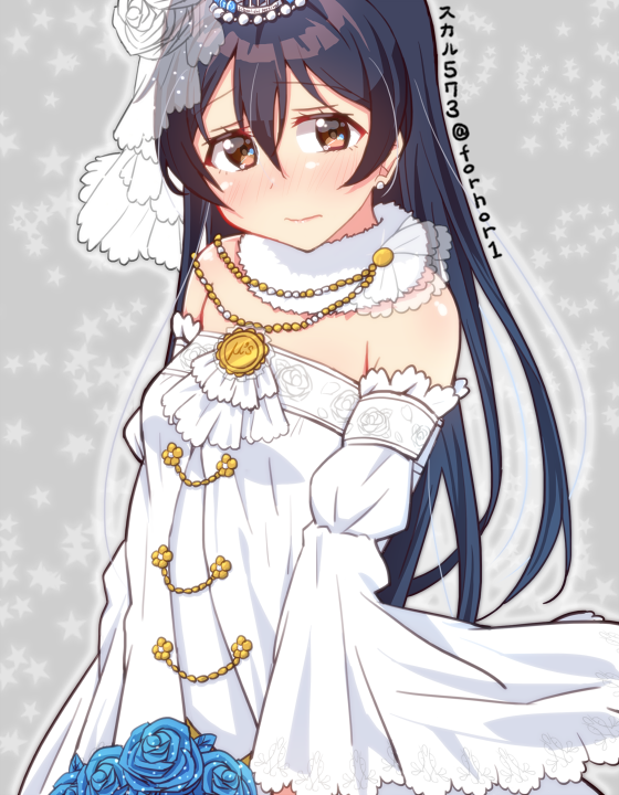 bangs blue_hair blush bouquet bridal_veil commentary_request detached_sleeves dress earrings flower hair_between_eyes jewelry long_hair looking_at_viewer love_live! love_live!_school_idol_festival love_live!_school_idol_project simple_background skull573 solo sonoda_umi strapless strapless_dress tiara veil wedding_dress white_dress yellow_eyes