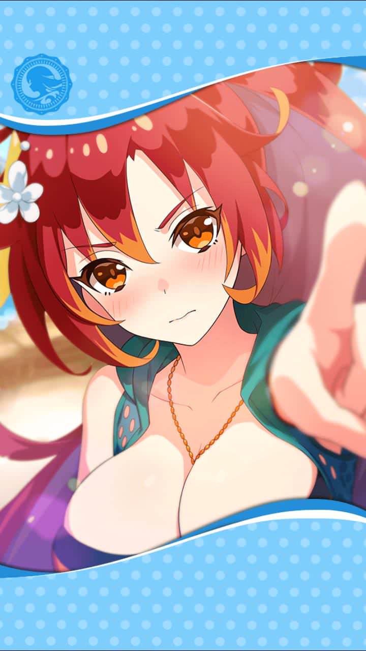 artist_request blush breasts colored_tips flower framed_image hair_between_eyes hair_flower hair_ornament highres jewelry large_breasts littu_(phantom_of_the_kill) long_hair necklace official_art orange_eyes phantom_of_the_kill pointing pointing_at_viewer ponytail red_hair swimsuit
