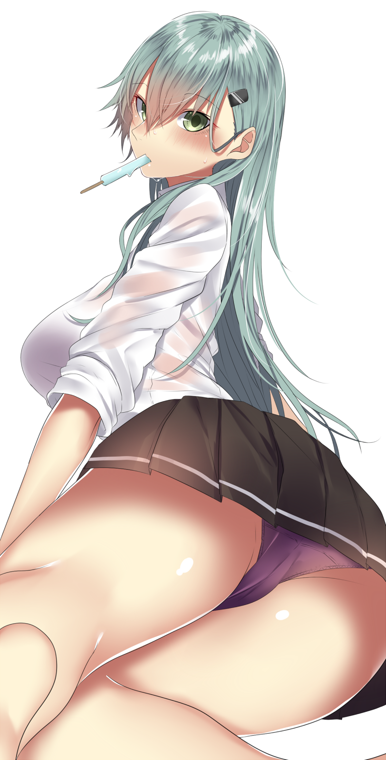 aqua_hair arm_support ass bangs barefoot blush bra breasts commentary food food_in_mouth green_eyes groin hair_between_eyes hair_ornament hairclip highres kantai_collection large_breasts long_hair looking_at_viewer lying mouth_hold onineko-chan panties pleated_skirt popsicle purple_bra purple_panties remodel_(kantai_collection) shiny shiny_skin shirt sidelocks simple_background skirt solo suzuya_(kantai_collection) sweat thighs underwear wet wet_clothes wet_shirt white_background white_shirt