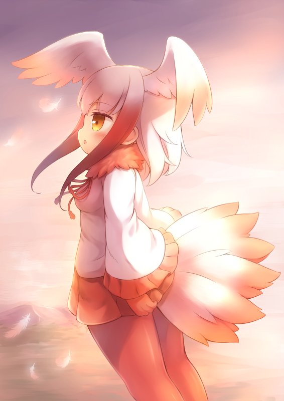 blush commentary_request eyebrows_visible_through_hair feathers from_side fur_collar gloves gradient_hair head_wings japanese_crested_ibis_(kemono_friends) kemono_friends long_hair long_sleeves looking_to_the_side matsuu_(akiomoi) miniskirt multicolored_hair outdoors pantyhose pleated_sleeves red_gloves red_hair red_legwear red_skirt skirt sky solo tail_feathers white_hair wide_sleeves yellow_eyes