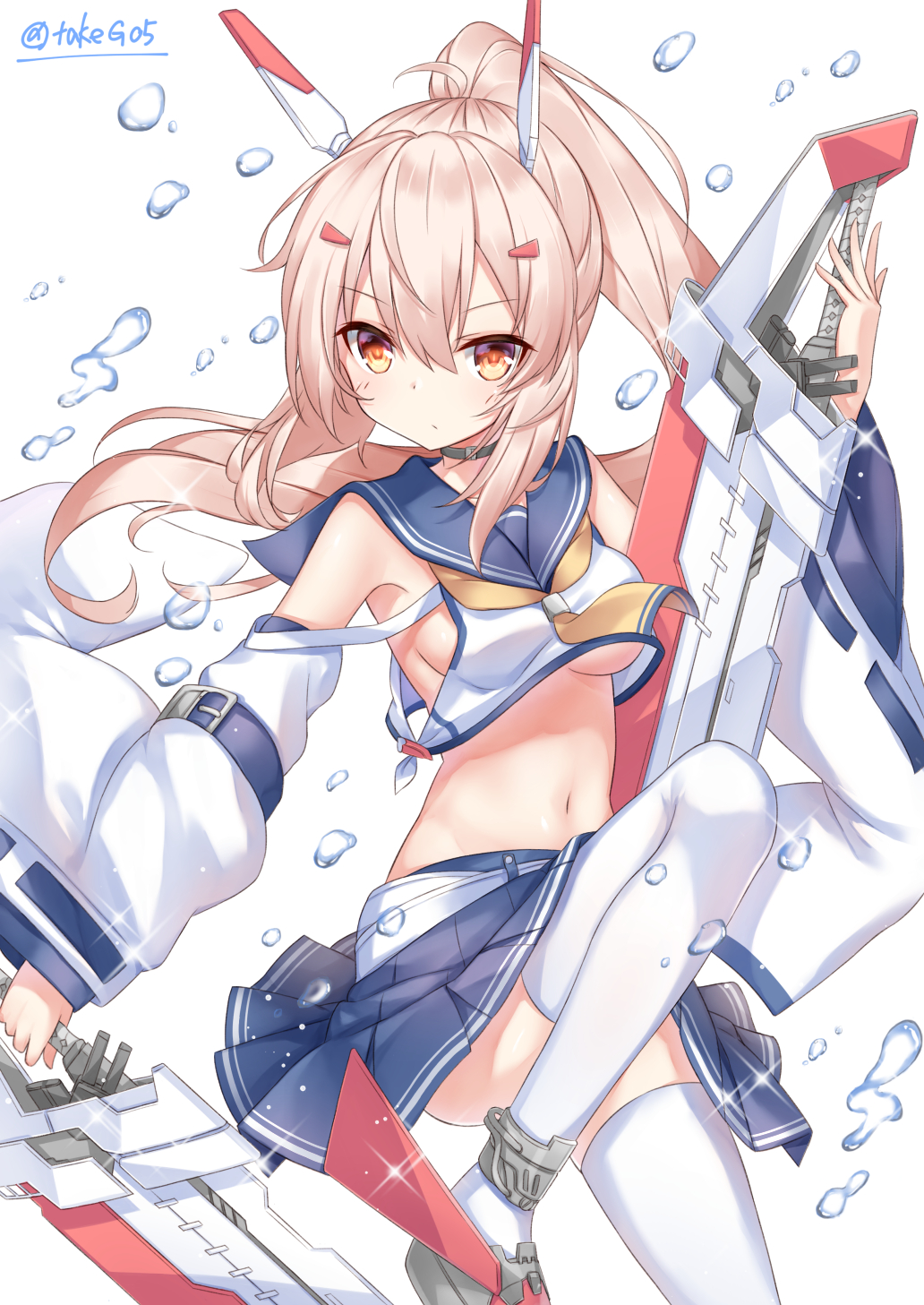 arm_up ayanami_(azur_lane) azur_lane bangs blue_sailor_collar blue_skirt blush breasts closed_mouth collarbone commentary_request convenient_leg crop_top detached_sleeves eyebrows_visible_through_hair grey_footwear hair_between_eyes hair_ornament hairclip headgear high_ponytail highres holding holding_sword holding_weapon light_brown_hair long_hair long_sleeves looking_at_viewer looking_to_the_side medium_breasts midriff navel pleated_skirt ponytail red_eyes ribbon-trimmed_sleeves ribbon_trim sailor_collar school_uniform serafuku shirt shoes simple_background skirt solo sword takeg05 thighhighs twitter_username underboob v-shaped_eyebrows very_long_hair water_drop weapon white_background white_legwear white_shirt wide_sleeves yellow_neckwear