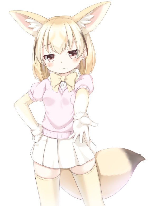 animal_ear_fluff animal_ears blonde_hair blush bow bowtie breast_pocket brown_eyes buttons commentary_request cowboy_shot extra_ears eyebrows_visible_through_hair fennec_(kemono_friends) fox_ears fox_tail fur_trim gloves hand_on_hip kemono_friends looking_at_viewer matsuu_(akiomoi) miniskirt pink_sweater pleated_skirt pocket reaching_out short_sleeve_sweater short_sleeves simple_background skirt solo sweater tail thighhighs white_background white_gloves white_skirt yellow_legwear yellow_neckwear zettai_ryouiki