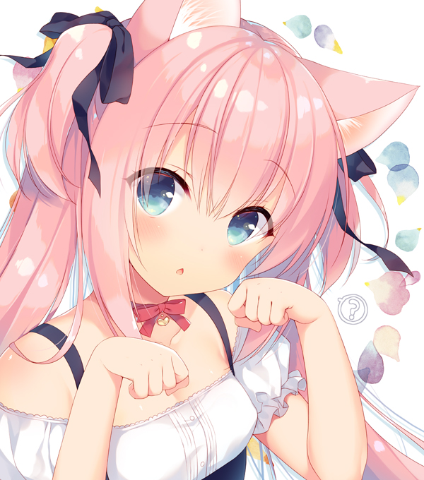 ? animal_ears bangs bare_shoulders black_bow blue_eyes blush bow breasts cat_ears chestnut_mouth collarbone commentary eyebrows_visible_through_hair hair_between_eyes hair_bow hair_ribbon hands_up head_tilt heart long_hair looking_at_viewer original parted_lips paw_pose pink_hair red_bow ribbon sazaki_ichiri small_breasts solo spoken_question_mark twintails white_background
