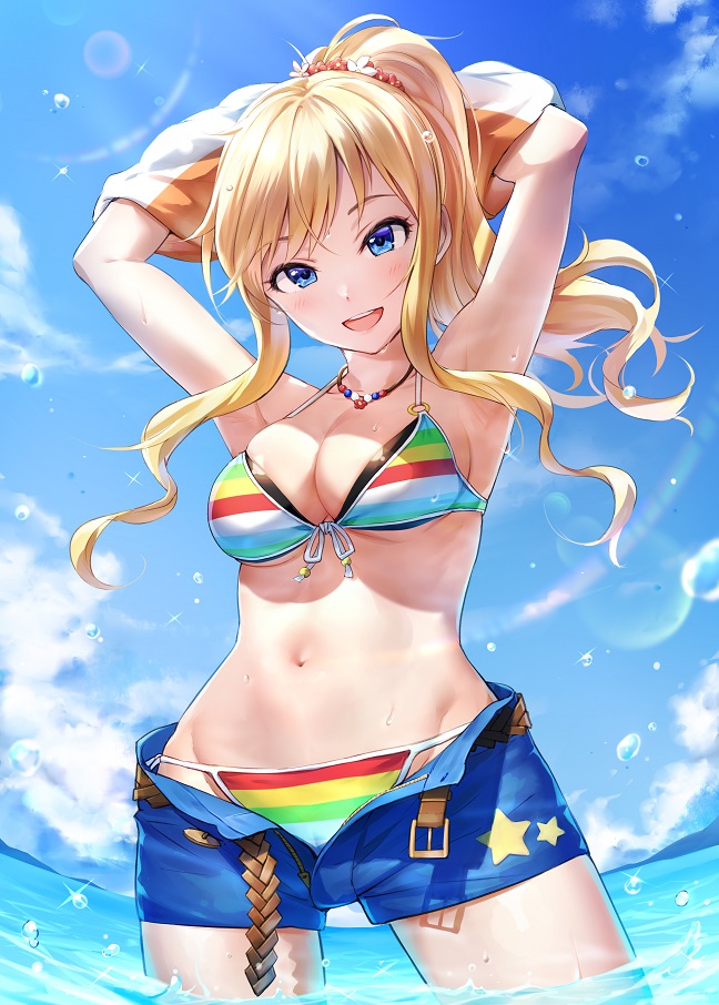 armpits arms_up bangs bare_shoulders bead_necklace beads belt bikini blonde_hair blue_eyes blue_sky blush breasts cleavage collarbone commentary day denim denim_shorts hips idolmaster idolmaster_cinderella_girls jewelry large_breasts long_hair looking_at_viewer navel necklace ocean ootsuki_yui open_mouth ponytail shirt_lift short_shorts shorts sidelocks sky smile solo striped striped_bikini sunlight swept_bangs swimsuit takeashiro thighs wavy_hair