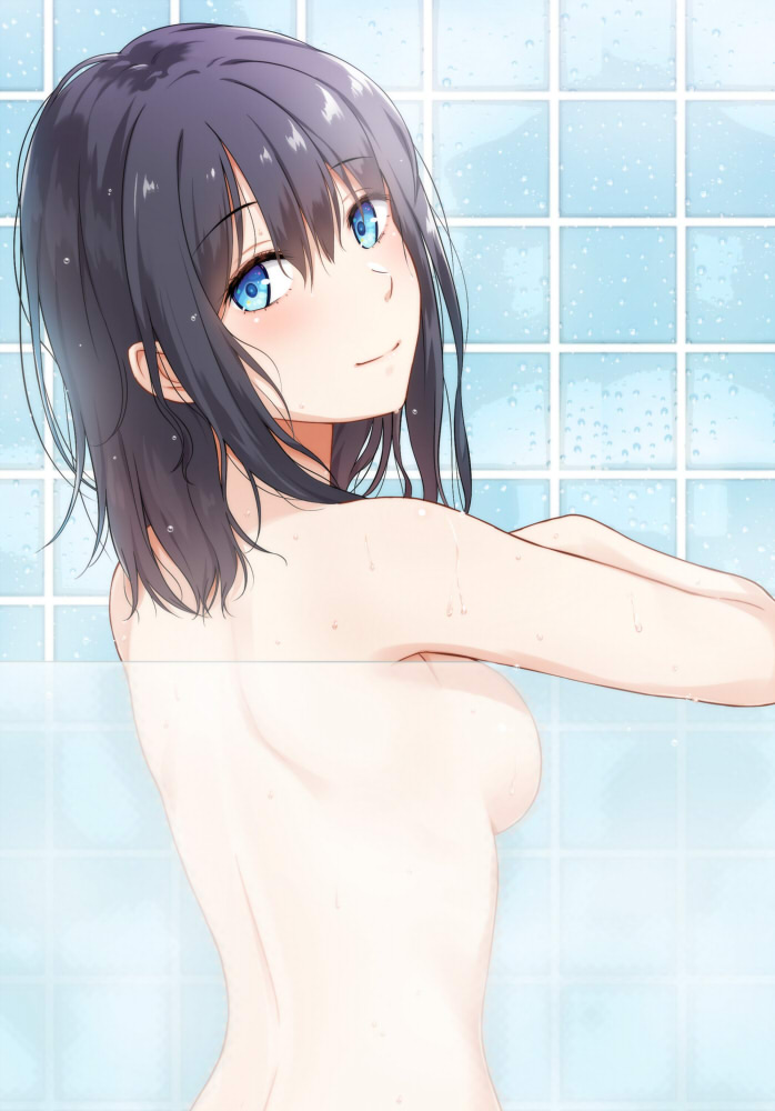 black_hair blue_eyes breasts eyebrows_visible_through_hair from_behind hair_between_eyes kanden_suki looking_at_viewer looking_back medium_breasts nude original see-through short_hair shower_(place) smile solo tile_wall tiles upper_body water_drop