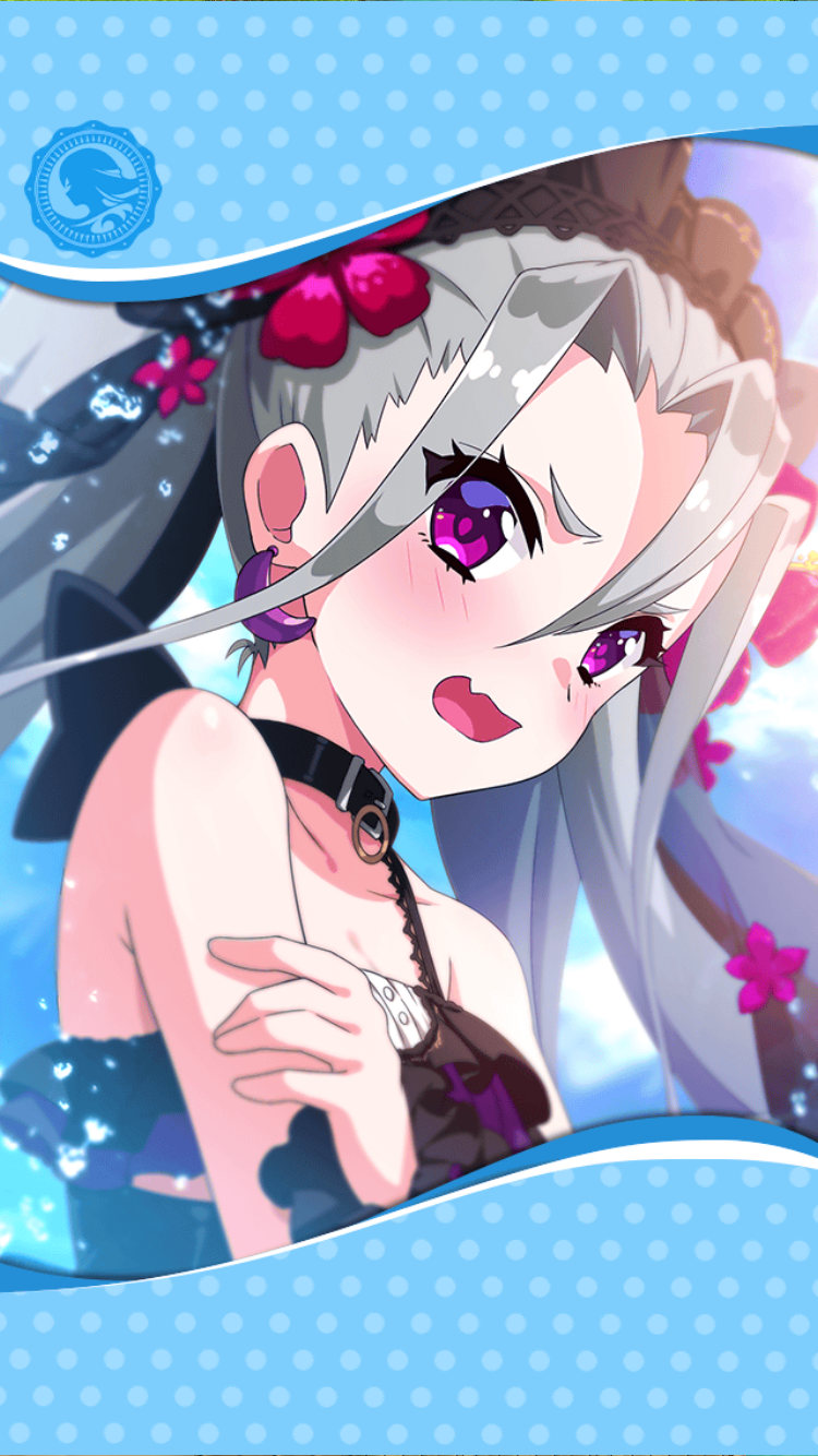 artist_request black_bow black_swimsuit blush bow collar crescent crescent_earrings earrings framed_image frilled_hairband frills grimoire_(phantom_of_the_kill) hair_between_eyes hairband hand_on_own_arm highres jewelry long_hair official_art open_mouth phantom_of_the_kill purple_eyes silver_hair swimsuit twintails water