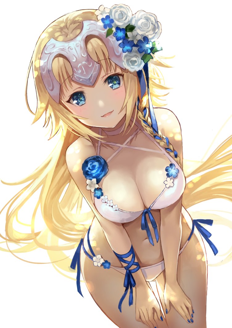 bangs bare_shoulders bikini blonde_hair blue_eyes blue_ribbon blush breasts choker cleavage collarbone commentary_request fate/apocrypha fate_(series) flower hair_flower hair_ornament headpiece hips jeanne_d'arc_(fate) jeanne_d'arc_(fate)_(all) large_breasts leaning_forward long_hair looking_at_viewer navel open_mouth ribbon simple_background smile solo swimsuit terai_(teraimorimori) thighs very_long_hair white_background white_bikini