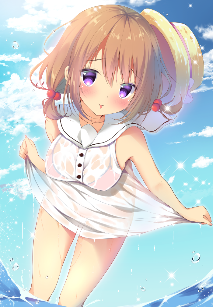 :p bangs bare_arms bare_shoulders bikini bikini_under_clothes blue_sky blush bow breasts brown_hair closed_mouth cloud cloudy_sky commentary_request day dress dutch_angle eyebrows_visible_through_hair fingernails gochuumon_wa_usagi_desu_ka? hair_between_eyes hair_bobbles hair_ornament hat hat_bow hat_removed headwear_removed hoto_cocoa leaning_forward medium_breasts outdoors purple_bow purple_eyes red_bikini sailor_collar sailor_dress see-through shibainu_niki skirt_hold sky sleeveless sleeveless_dress smile solo sun_hat swimsuit tongue tongue_out water wet wet_clothes wet_dress white_dress white_sailor_collar