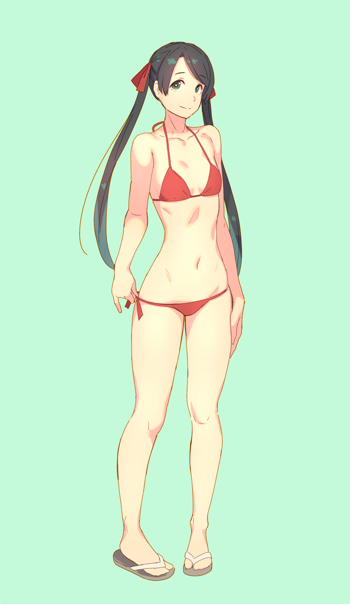 bikini black_eyes black_hair collarbone full_body green_background highres kantai_collection light_smile long_hair looking_at_viewer lowleg lowleg_bikini mikuma_(kantai_collection) navel red_bikini sandals side-tie_bikini solo standing swimsuit twintails yuuji_(and)