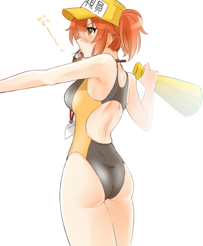 ahoge ass baseball_cap commentary_request competition_swimsuit cowboy_shot fate/grand_order fate_(series) from_behind fujimaru_ritsuka_(female) hat id_card megaphone mouth_hold one-piece_swimsuit one_side_up orange_eyes orange_hair shino-o side_ponytail simple_background solo swimsuit translation_request whistle white_background yellow_hat