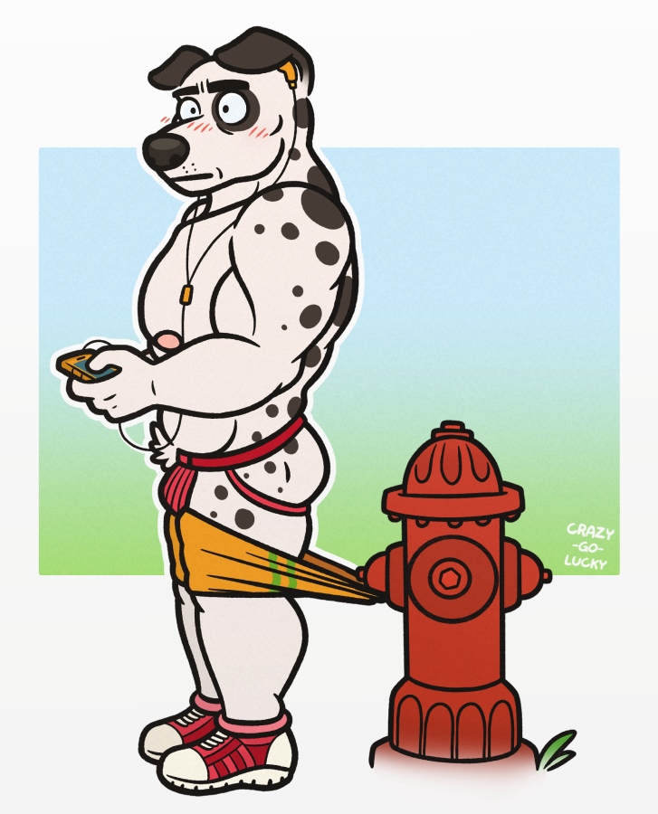 2016 anthro black_nose blush canine clothed clothing crazy-go-lucky_(artist) dalmatian dog earbuds fire_hydrant footwear headphones jockstrap male mammal muscular muscular_male nipples pecs plantigrade shoes simple_background solo standing topless underwear wardrobe_malfunction
