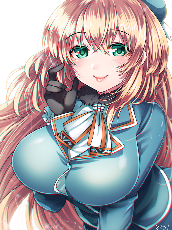 ascot atago_(kantai_collection) beret black_gloves blonde_hair blue_hat breasts commentary eyebrows_visible_through_hair gloves green_eyes hakusai_ponzu hat kantai_collection large_breasts lips long_hair looking_at_viewer military military_uniform signature simple_background smile solo uniform upper_body white_background