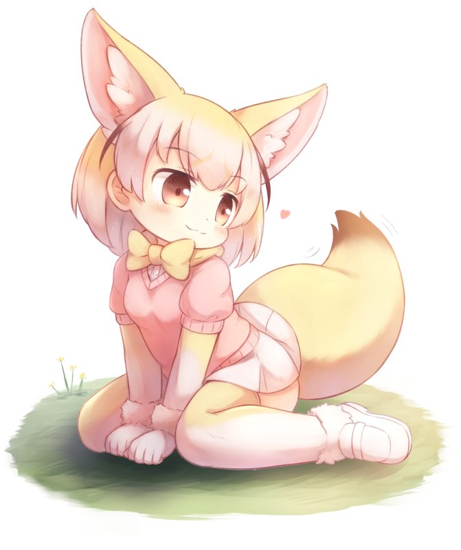 :3 animal_ear_fluff animal_ears between_legs blonde_hair blush bow bowtie brown_eyes commentary_request extra_ears eyebrows_visible_through_hair fennec_(kemono_friends) fox_ears fox_tail fur_trim gloves hand_between_legs heart kemono_friends looking_to_the_side matsuu_(akiomoi) miniskirt multicolored multicolored_clothes multicolored_legwear on_ground pink_sweater short_sleeves simple_background sitting skirt solo sweater tail thighhighs wariza white_background white_footwear white_gloves white_legwear white_skirt yellow_legwear yellow_neckwear