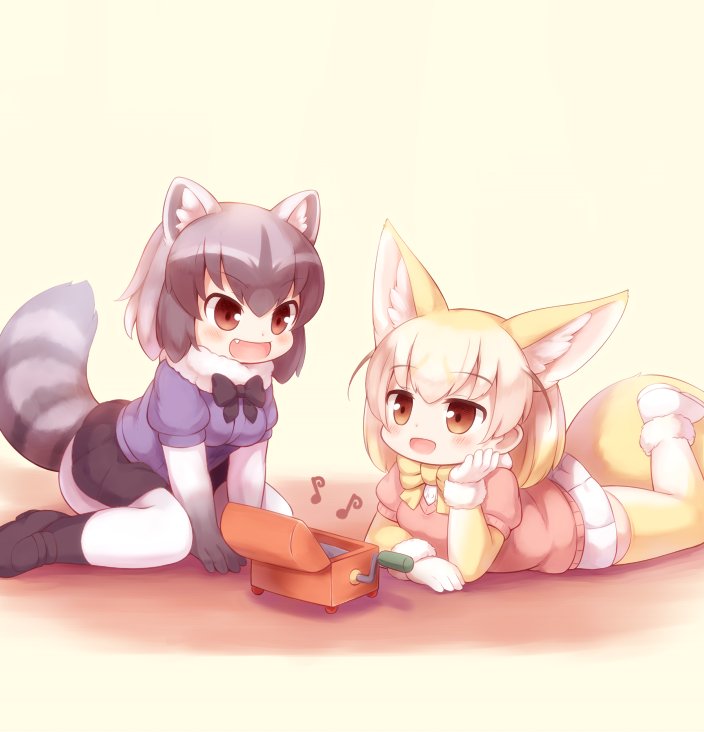 :d animal_ear_fluff animal_ears black_footwear black_gloves black_hair black_legwear black_neckwear black_skirt blonde_hair blush bow bowtie brown_eyes chin_rest commentary_request common_raccoon_(kemono_friends) eighth_note extra_ears eyebrows_visible_through_hair fang fennec_(kemono_friends) fox_ears fox_tail fur_collar fur_trim gloves grey_hair hand_on_own_chin kemono_friends kemono_friends_pavilion looking_at_another lying matsuu_(akiomoi) miniskirt multicolored multicolored_clothes multicolored_hair multicolored_legwear multiple_girls music_box musical_note on_stomach open_mouth pantyhose pink_sweater playground_equipment_(kemono_friends_pavilion) pleated_skirt raccoon_ears raccoon_tail short_sleeves sitting skirt smile sweater tail thighhighs wariza white_footwear white_gloves white_legwear white_skirt yellow_background yellow_legwear yellow_neckwear