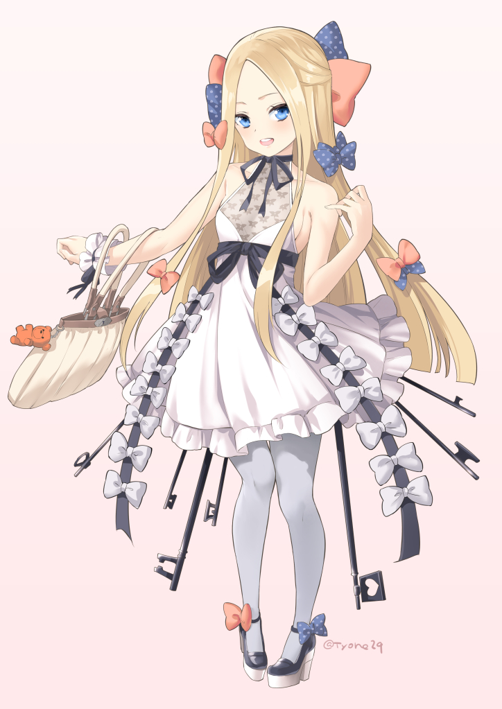 abigail_williams_(fate/grand_order) bag_charm bangs bare_arms bare_shoulders black_footwear blonde_hair blue_bow blue_eyes bow brown_background charm_(object) commentary dress fate/grand_order fate_(series) forehead full_body grey_legwear hair_bow high_heels long_hair orange_bow pantyhose parted_bangs polka_dot polka_dot_bow shoes simple_background sleeveless sleeveless_dress solo standing stuffed_animal stuffed_toy teddy_bear tyone very_long_hair white_bow white_dress wrist_cuffs