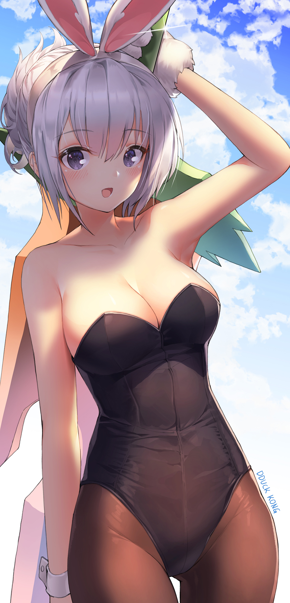 :d animal_ears arm_up bangs bare_shoulders black_leotard blue_sky blush breasts brown_legwear bunny_ears bunny_girl bunnysuit cleavage cloud cloudy_sky collarbone commentary day eyebrows_visible_through_hair fake_animal_ears hair_between_eyes hairband highres league_of_legends lee_seok_ho leotard looking_at_viewer medium_breasts open_mouth outdoors pantyhose purple_eyes riven_(league_of_legends) sidelocks silver_hair sky smile solo strapless strapless_leotard wrist_cuffs