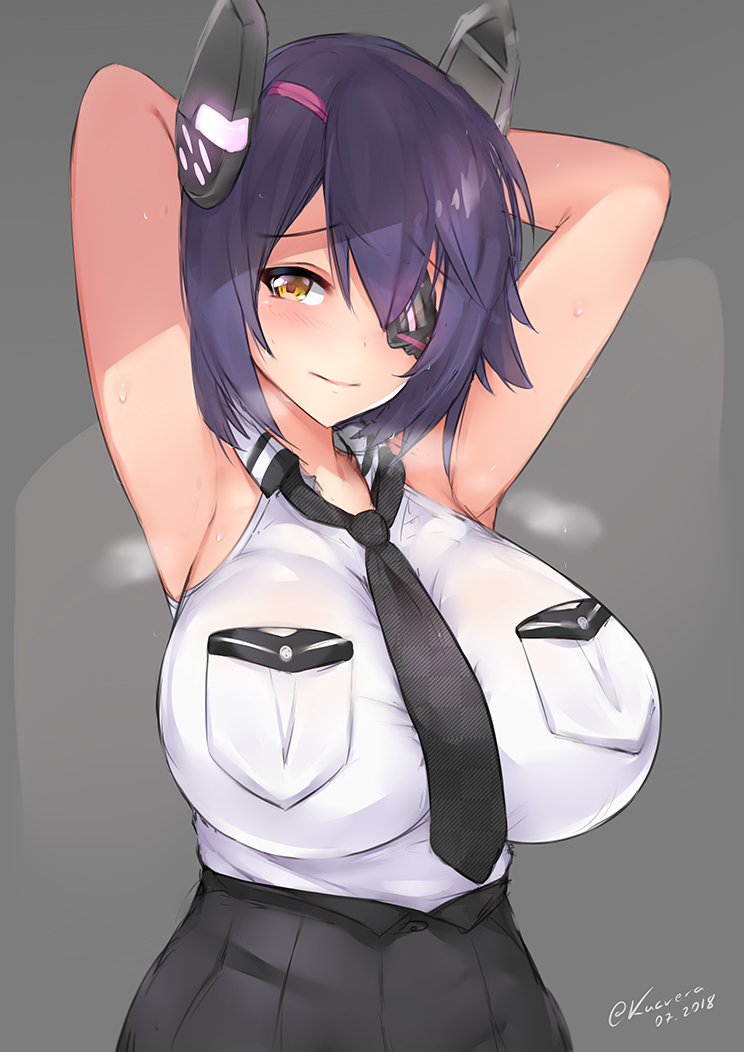 armpits arms_up artist_name blush breast_pocket breasts dated eyepatch grey_background headgear heavy_breathing impossible_clothes impossible_shirt kantai_collection kuavera large_breasts looking_at_viewer necktie pocket purple_hair remodel_(kantai_collection) shirt short_hair signature simple_background skirt sleeveless solo tenryuu_(kantai_collection) yellow_eyes