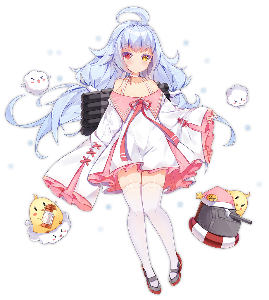 &gt;_&lt; :d ahoge anchor_symbol animal azur_lane bangs bare_shoulders bird blush chick closed_mouth cloud collarbone copyright_name dango_remi dress eyebrows_visible_through_hair fingernails full_body hat heterochromia holding lifebuoy long_sleeves looking_at_viewer low_twintails mary_janes mole mole_under_eye nicholas_(azur_lane) nightcap off-shoulder_dress off_shoulder official_art open_mouth pinching_sleeves pink_hat red_eyes red_footwear rudder_shoes shoes silver_hair sleeves_past_fingers sleeves_past_wrists smile solo star thighhighs torpedo transparent_background turret twintails white_dress white_legwear wide_sleeves xd yellow_eyes