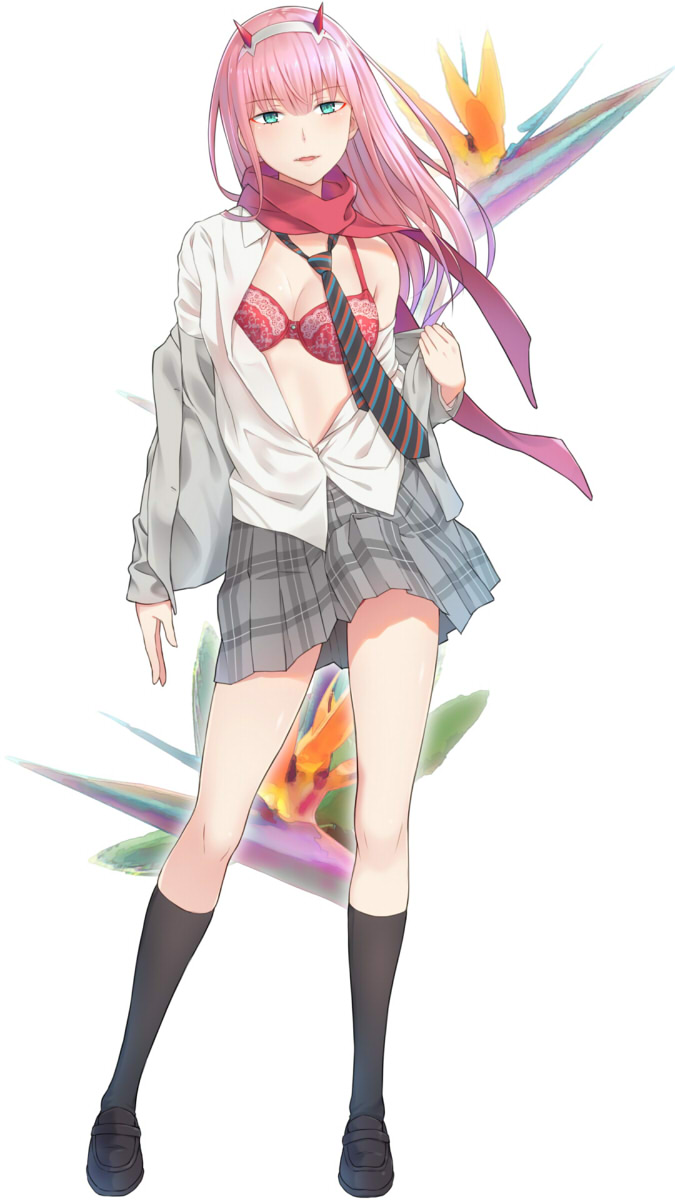 bird_of_paradise black_footwear black_legwear black_neckwear blue_eyes bra contrapposto darling_in_the_franxx diagonal-striped_neckwear flower full_body grey_jacket grey_skirt hairband highres horns jacket kanden_suki loafers long_hair looking_at_viewer necktie open_clothes open_shirt parted_lips pink_hair red_bra red_scarf scarf shirt shoes skirt smile socks solo standing twitter_username underwear undressing white_shirt zero_two_(darling_in_the_franxx)