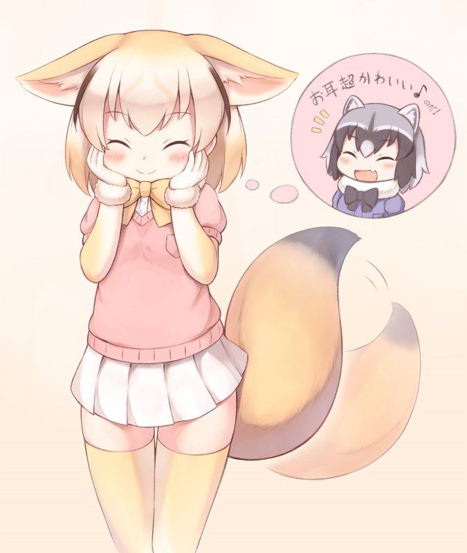 :d ^_^ afterimage animal_ear_fluff animal_ears black_hair black_neckwear blonde_hair blush bow bowtie breast_pocket closed_eyes commentary_request common_raccoon_(kemono_friends) eighth_note extra_ears eyebrows_visible_through_hair fang fennec_(kemono_friends) fox_ears fox_tail fur_collar fur_trim gloves grey_hair hands_on_own_cheeks hands_on_own_face kemono_friends matsuu_(akiomoi) miniskirt multicolored_hair multiple_girls musical_note open_mouth pink_background pink_sweater pleated_skirt pocket raccoon_ears short_hair short_sleeve_sweater skirt smile sweater tail tail_wagging thighhighs thought_bubble translated white_gloves white_skirt yellow_legwear yellow_neckwear zettai_ryouiki
