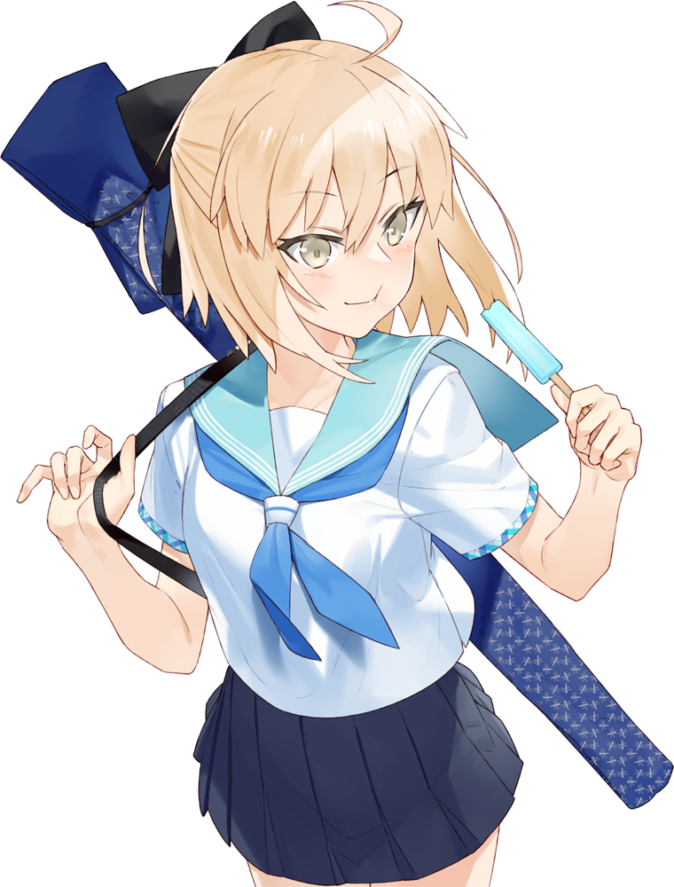 :t ahoge bangs black_bow blonde_hair blue_sailor_collar blue_skirt blush bow closed_mouth commentary_request eating eyebrows_visible_through_hair fate/grand_order fate_(series) food grey_eyes hair_between_eyes hair_bow hands_up hayashi_kewi holding holding_food koha-ace okita_souji_(fate) okita_souji_(fate)_(all) pleated_skirt popsicle sailor_collar school_uniform serafuku shirt short_sleeves simple_background skirt solo weapon_bag white_background white_shirt
