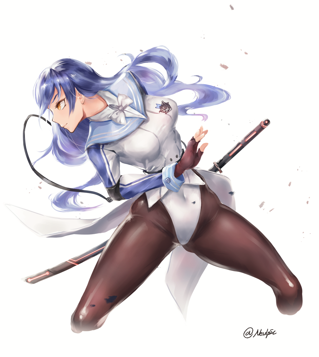 bangs black_legwear blue_hair bow breasts closed_mouth covered_navel fingerless_gloves floating_hair girls_frontline gloves hair_between_eyes highleg hips holding holding_sword holding_weapon iaidou iruril jacket large_breasts leotard long_hair looking_afar pantyhose profile ready_to_draw sheath sidelocks solo sword tar-21_(girls_frontline) twitter_username very_long_hair weapon white_bow white_leotard wind wind_lift yellow_eyes