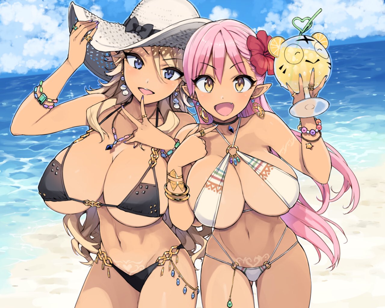 :d arm_tattoo beach bikini black_bikini blue_eyes bracelet breasts cleavage commentary_request criss-cross_halter dark_elf day earrings elf eyebrows_visible_through_hair fang finger_to_mouth flower hair_flower hair_ornament halterneck hand_on_headwear hat hibiscus horizon huge_breasts jewelry light_brown_hair long_hair looking_at_viewer multi-strapped_bikini multiple_girls nail_polish navel o-ring o-ring_bikini o-ring_bottom o-ring_top ootomo_takuji open_mouth original outdoors pink_hair pointy_ears pubic_tattoo ring siblings sisters smile sun_hat swimsuit tattoo toranoana v white_bikini