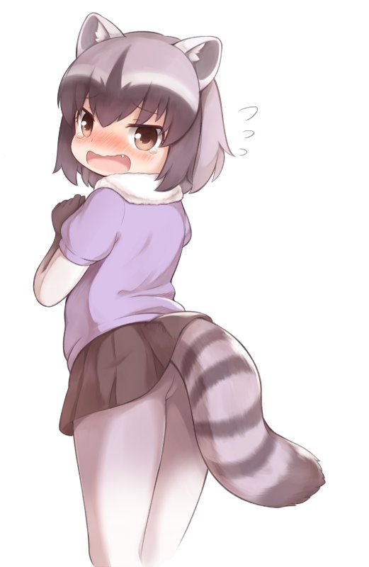 animal_ears black_gloves black_hair black_skirt blush brown_eyes commentary_request common_raccoon_(kemono_friends) eyebrows_visible_through_hair fang flying_sweatdrops from_behind fur_trim gloves grey_hair hand_up kemono_friends looking_at_viewer looking_back matsuu_(akiomoi) miniskirt multicolored_hair open_mouth pantyhose raccoon_ears raccoon_tail short_sleeves simple_background skirt solo tail tears wavy_mouth white_background white_legwear