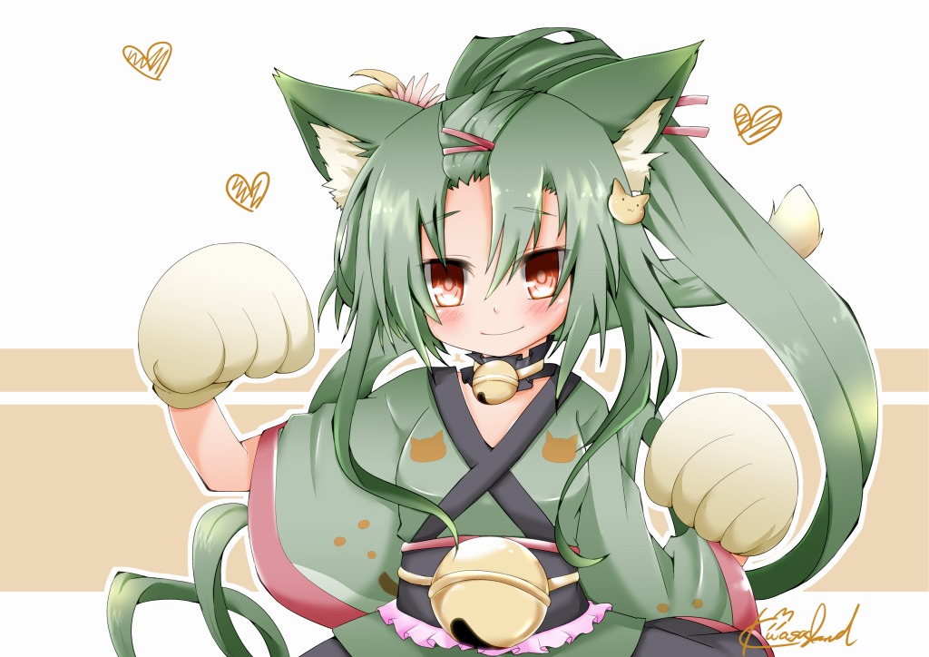 animal_ears bell bell_choker blush cat_ears cat_tail choker closed_mouth cowboy_shot flower_knight_girl gloves green_hair green_kimono hair_ornament hairclip heart japanese_clothes jingle_bell kasagland kemonomimi_mode kimono long_hair looking_at_viewer paw_gloves paws ponytail red_eyes sankaku_saboten_(flower_knight_girl) signature smile solo tail white_gloves