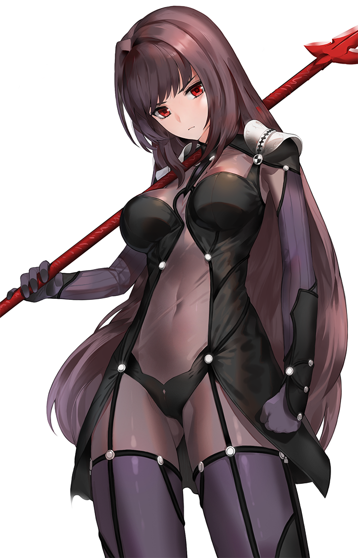 bangs bodysuit breasts closed_mouth commentary covered_navel fate/grand_order fate_(series) gae_bolg hair_between_eyes hair_intakes hips kfr large_breasts long_hair looking_at_viewer pauldrons polearm purple_bodysuit purple_hair red_eyes scathach_(fate)_(all) scathach_(fate/grand_order) simple_background solo spear thighs weapon white_background
